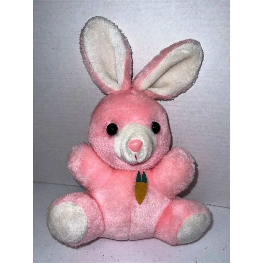 VINTAGE PLUSH Stuffed PINK White BUNNY RABBIT WITH CARROT 10